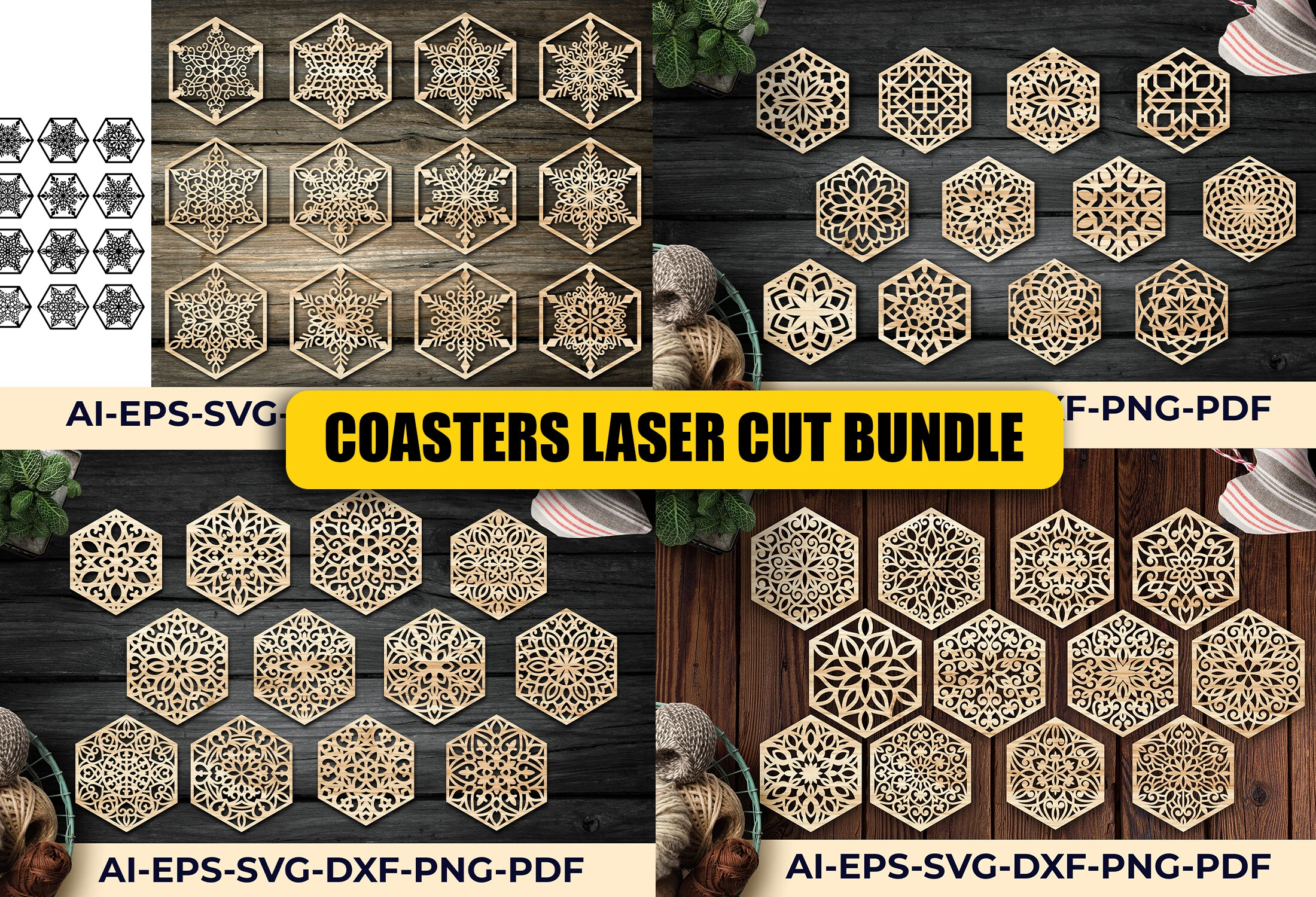 Wood Coasters Design / Laser Cut Bundle3 featuring snowflake and mandala