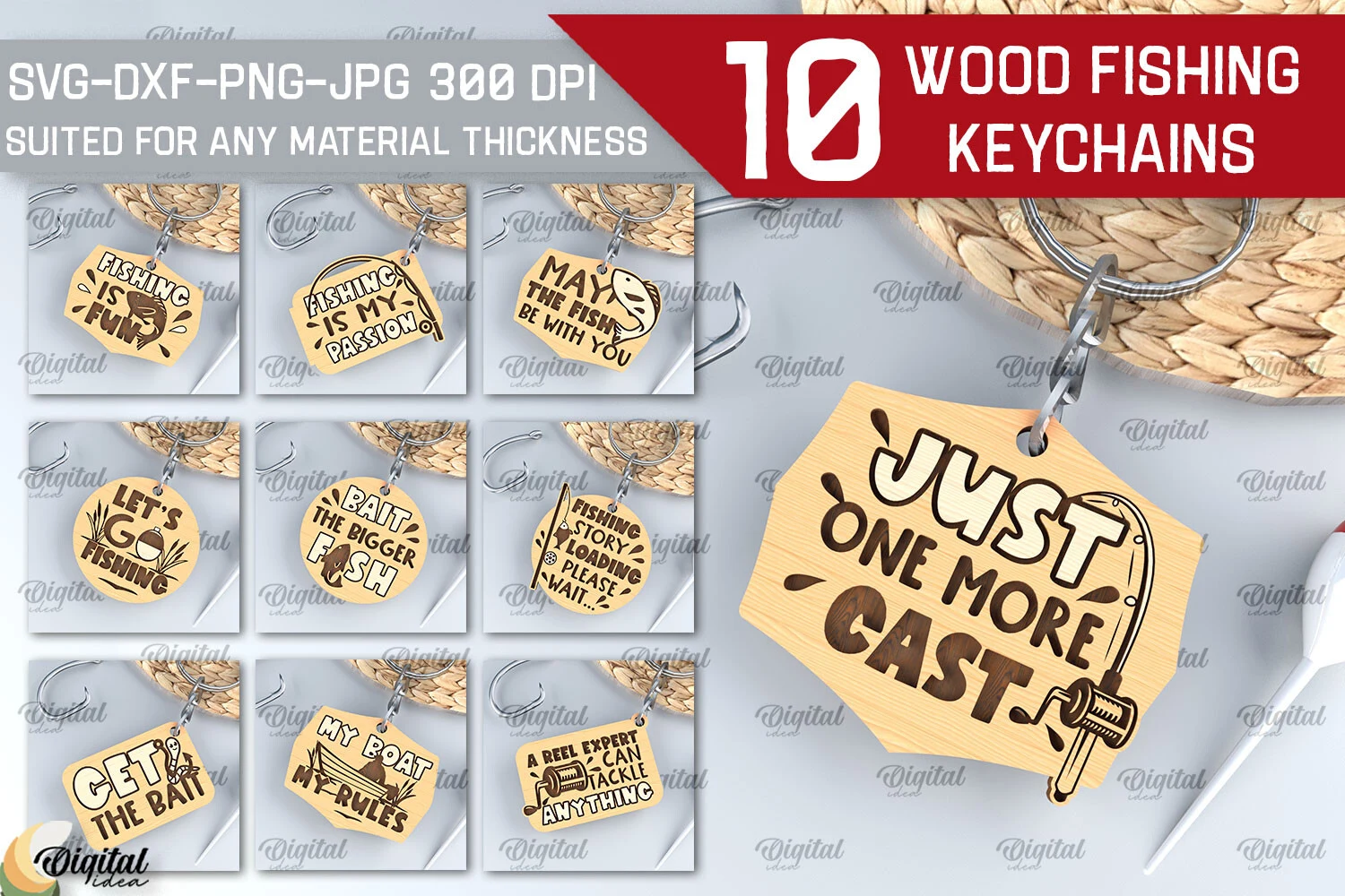 Wood Fishing Keychains Laser Cut Bundle featuring fishing gear and fishing rods