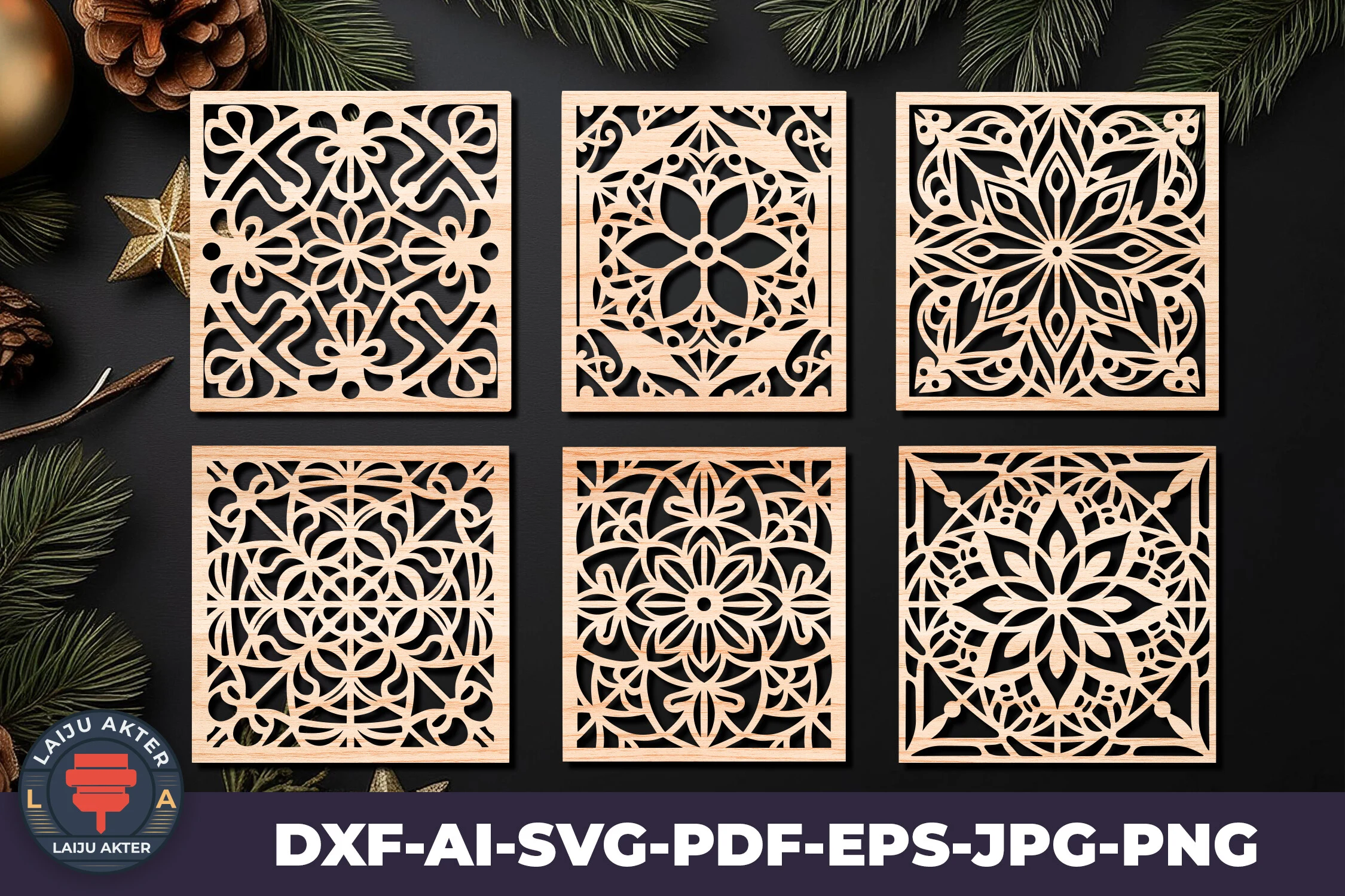 Wood Laser Cut Coasters Design Ornament featuring mandala and floral patterns