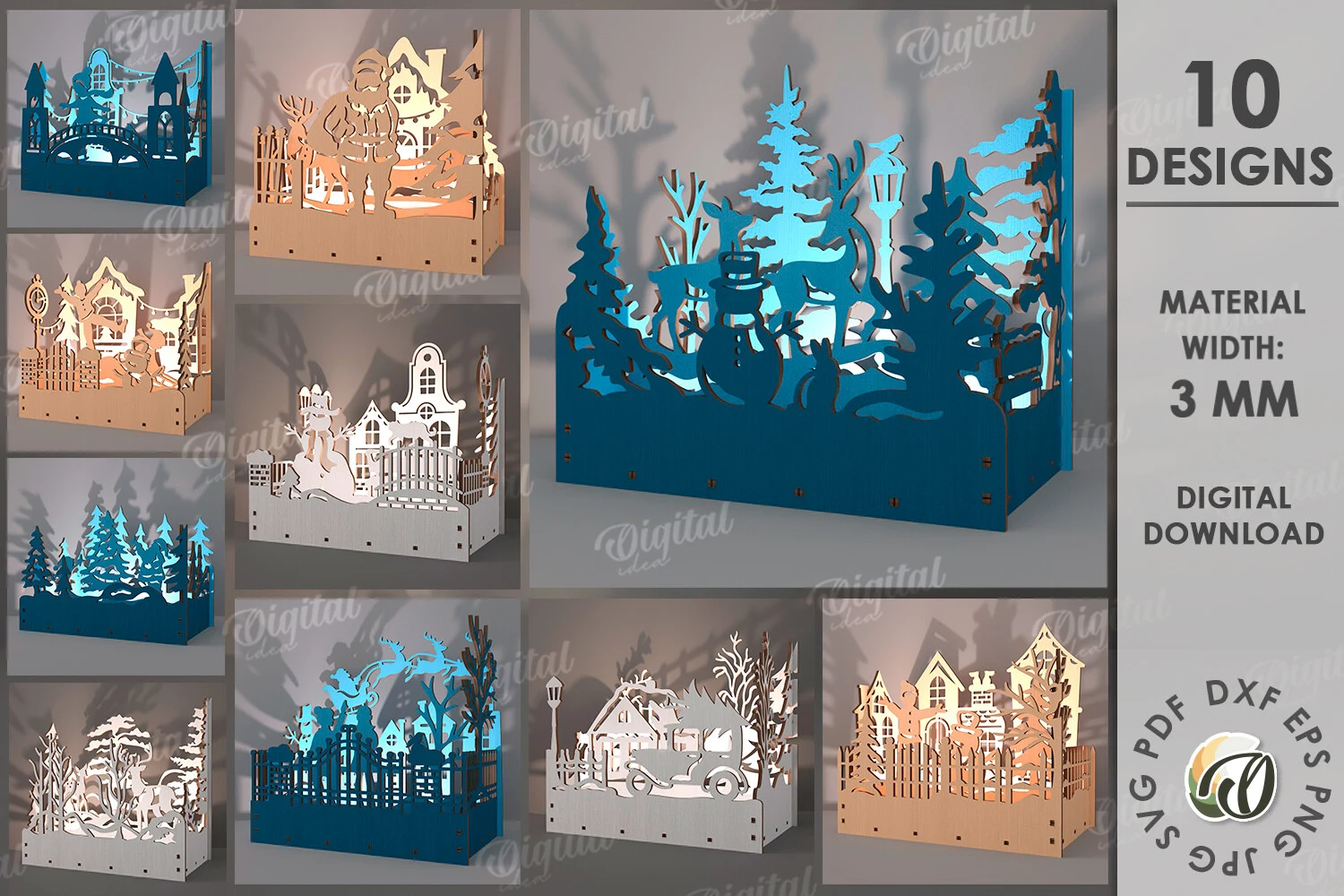 Wooden Christmas Lamps Bundle Laser Cut preview showing Christmas motifs with silhouette