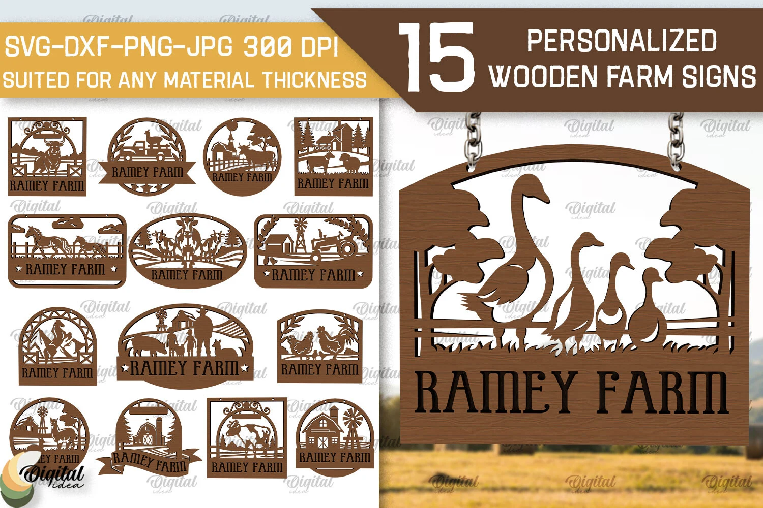 Wooden Farm Signs Laser Cut Bundle featuring farm animals and barns