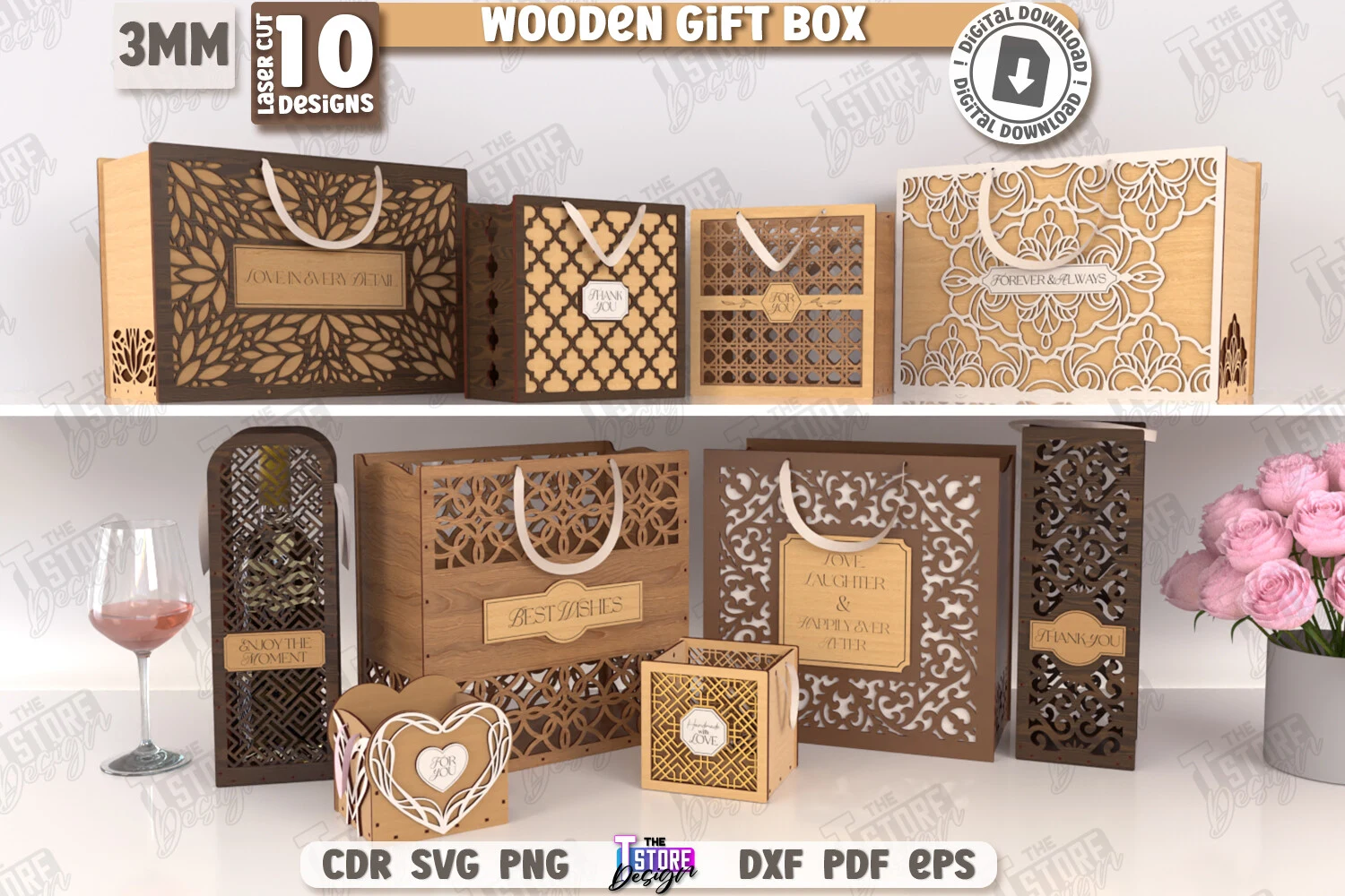 Wooden Gift Boxes Laser Cut Bundle | CNC featuring gift boxes and gift bags