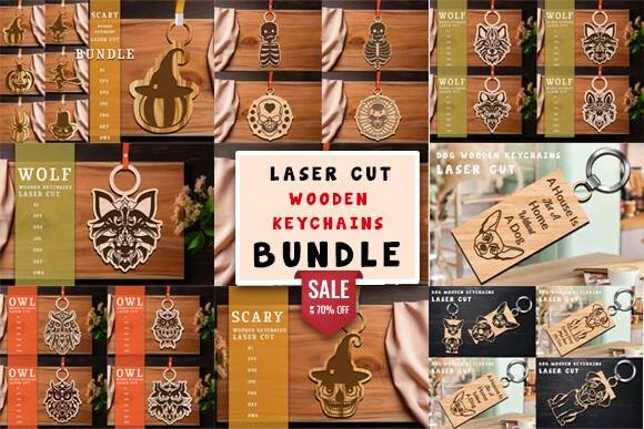 Wooden Keychains Laser Cut Svg Bundle featuring Halloween motifs and Wolf head