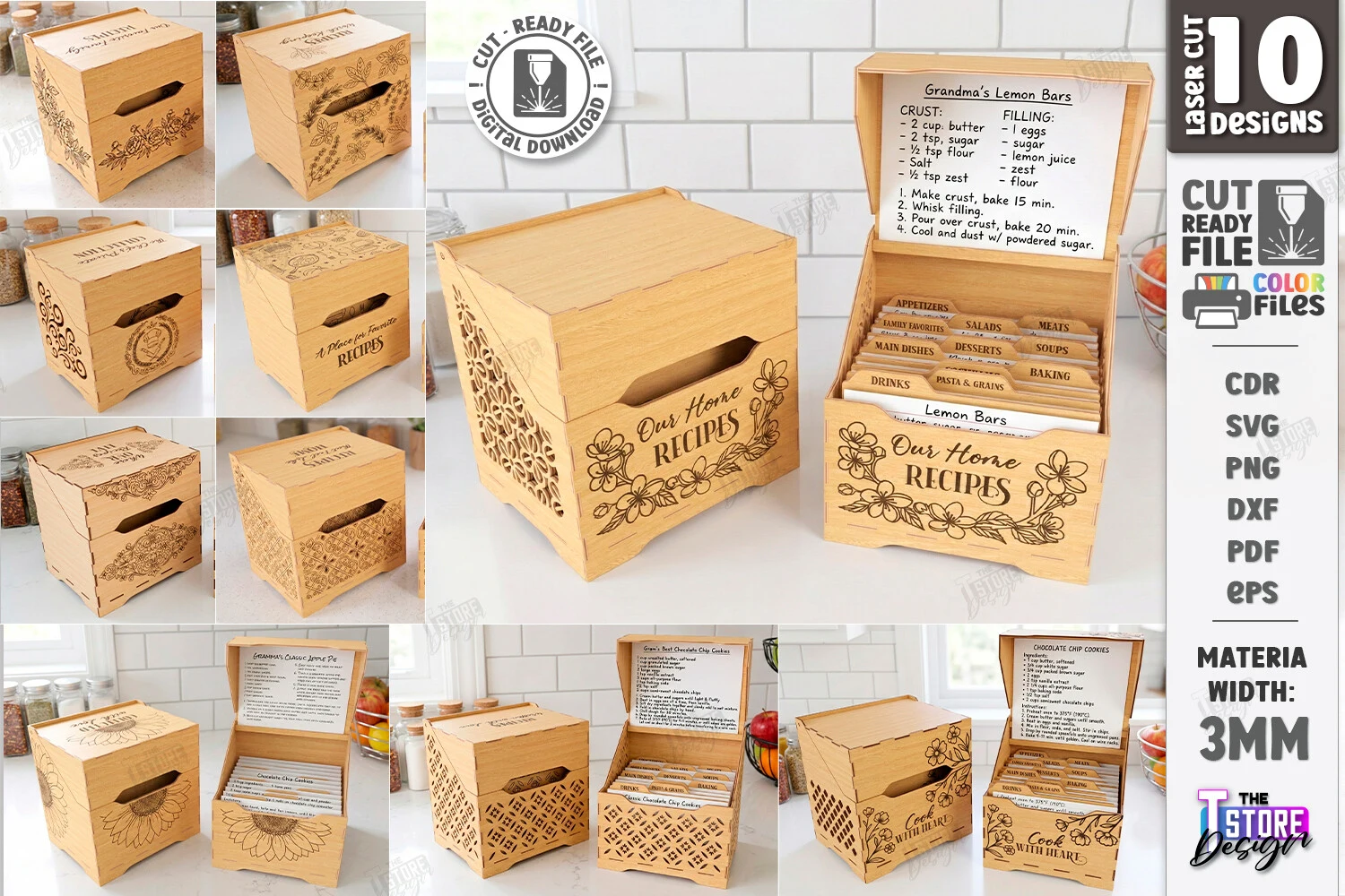 Wooden Recipe Boxes Laser Cut Bundle SVG featuring recipe box and index card dividers