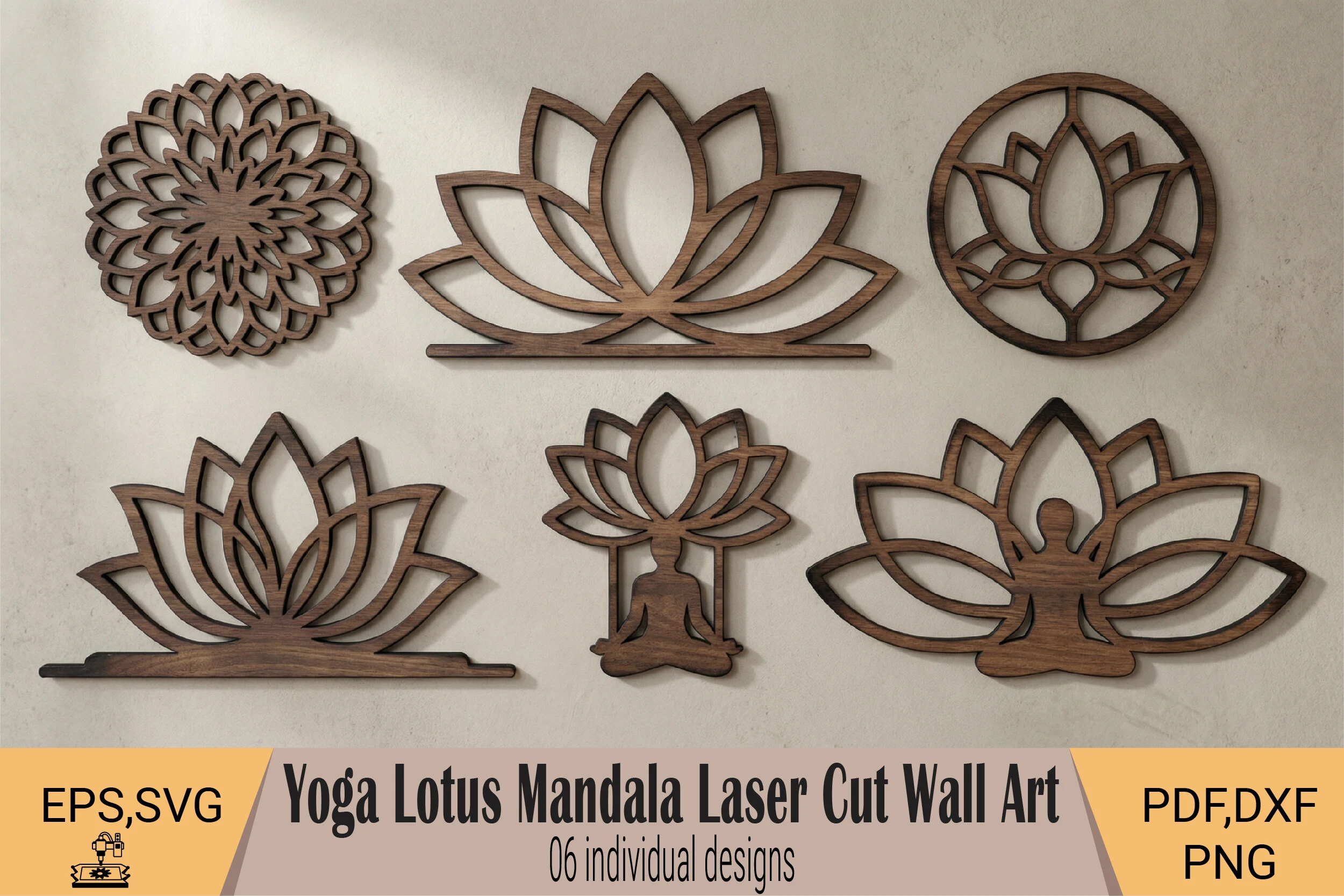Yoga Lotus Mandala Laser Cut Wall Art showcases six unique wooden-style digital templates, including a mandala, various lotus flower outlines, and lotus silhouettes with meditating figures.