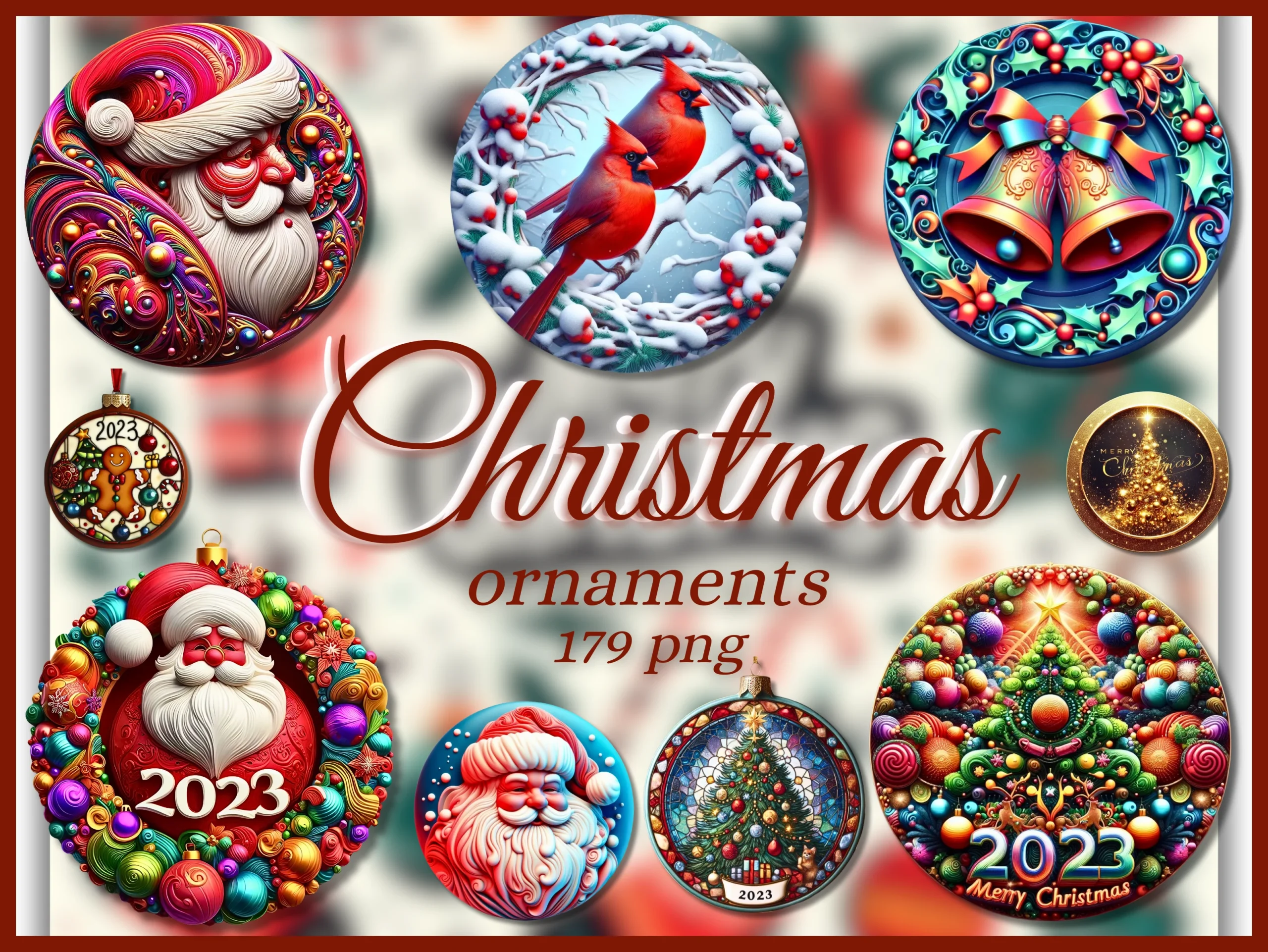 179 Christmas Ornaments PNG Bundle preview showing Christmas motifs with composition