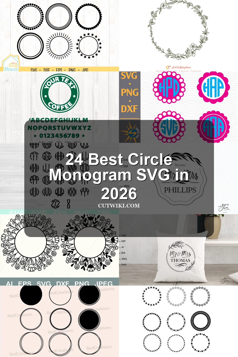 24 Best Circle Monogram SVG in 2026 article preview collage featuring 10 design examples.