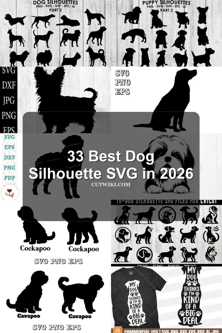 33 Best Dog Silhouette SVG in 2026 article preview collage featuring 10 design examples.