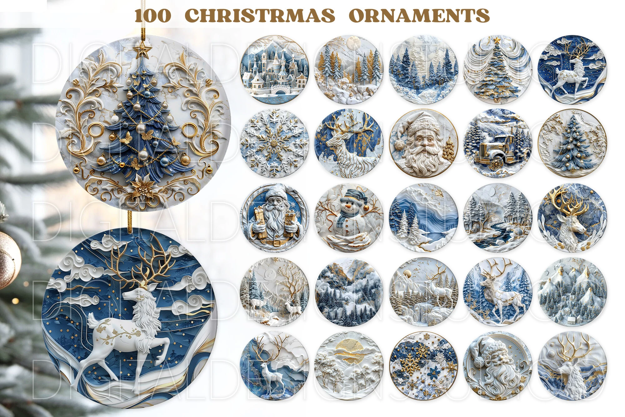 3D Christmas Ornaments Png,Blue Template preview showing Christmas motifs with composition