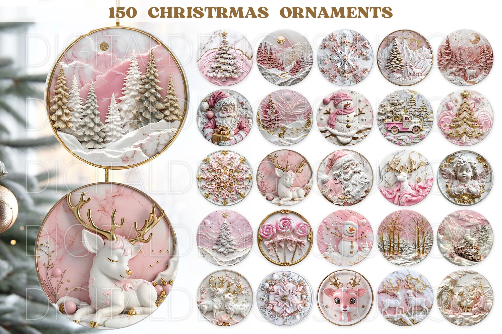 3D Pink Christmas Ornaments Png,Pink Png preview showing Christmas motifs with composition