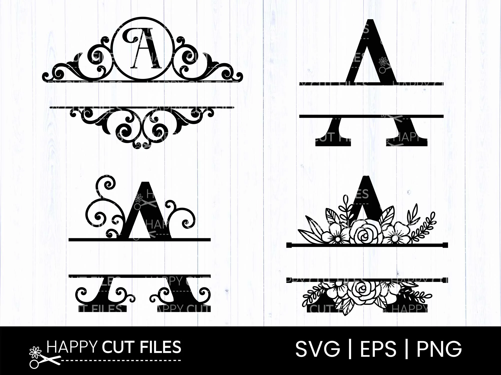 A Alphabet Letter Split Monogram Svg Png featuring letter A and ornamental flourishes