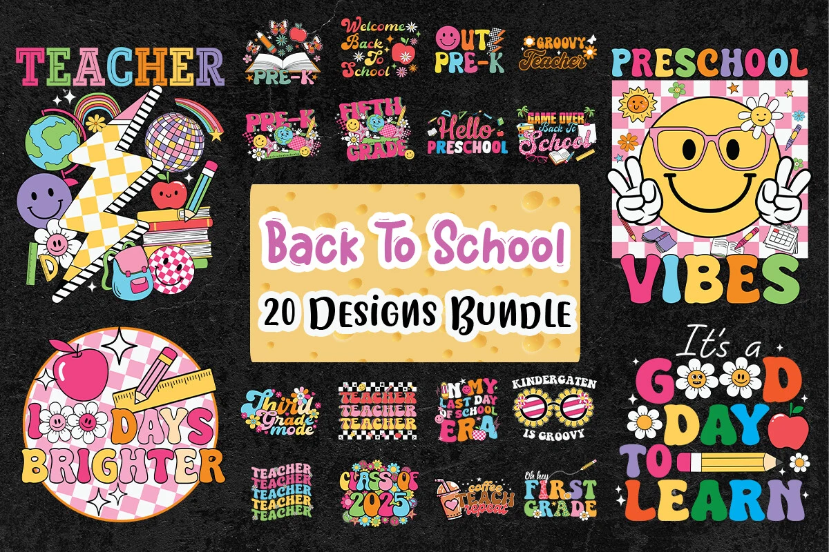 Back to School SVG Bundle featuring school supplies and smiley faces