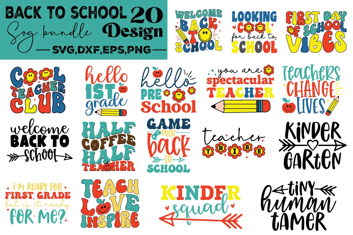 Back to School Svg Bundle featuring school supplies and teachers