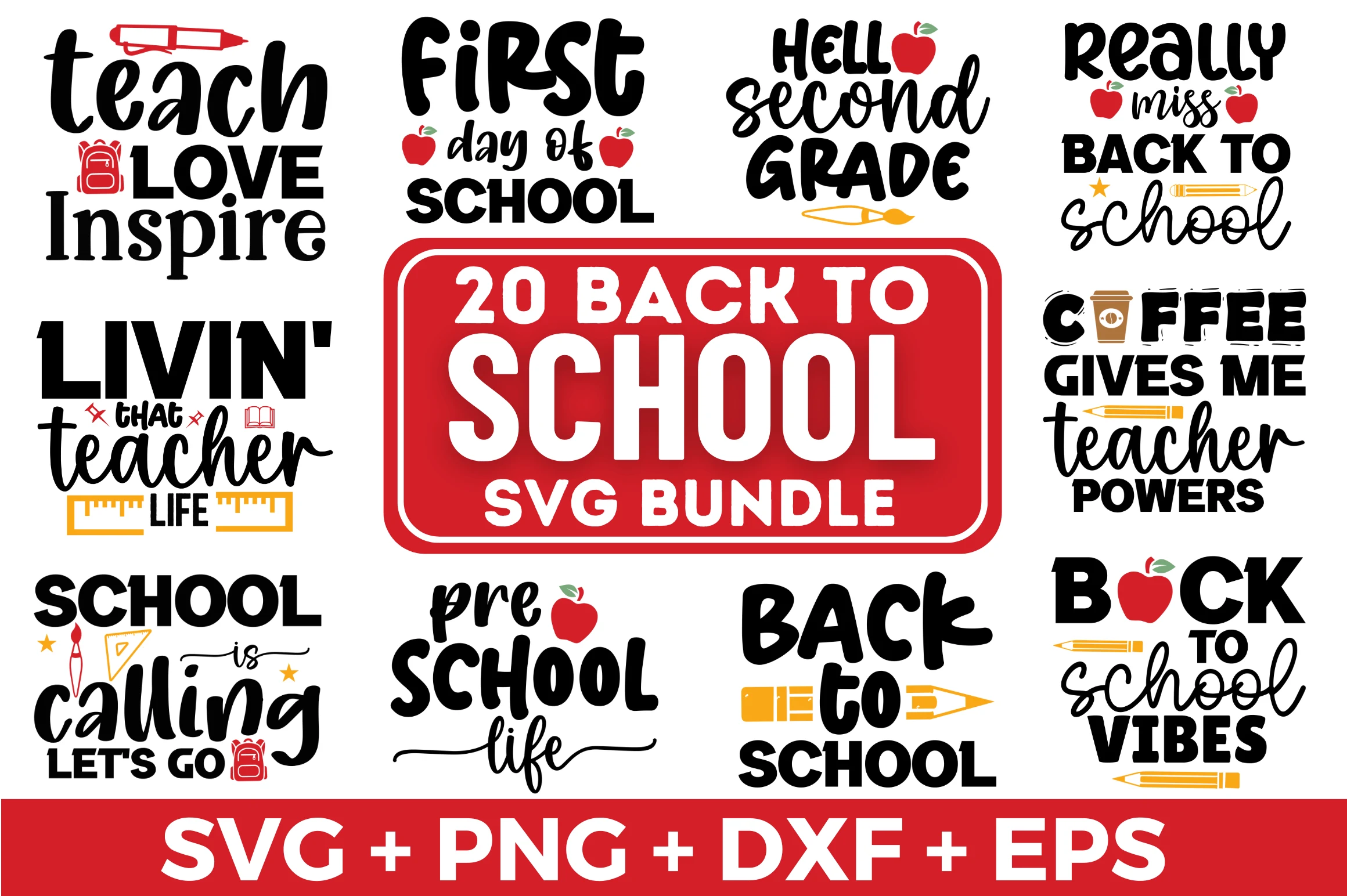 Back to School SVG Bundle, School SVG featuring school supplies and apples