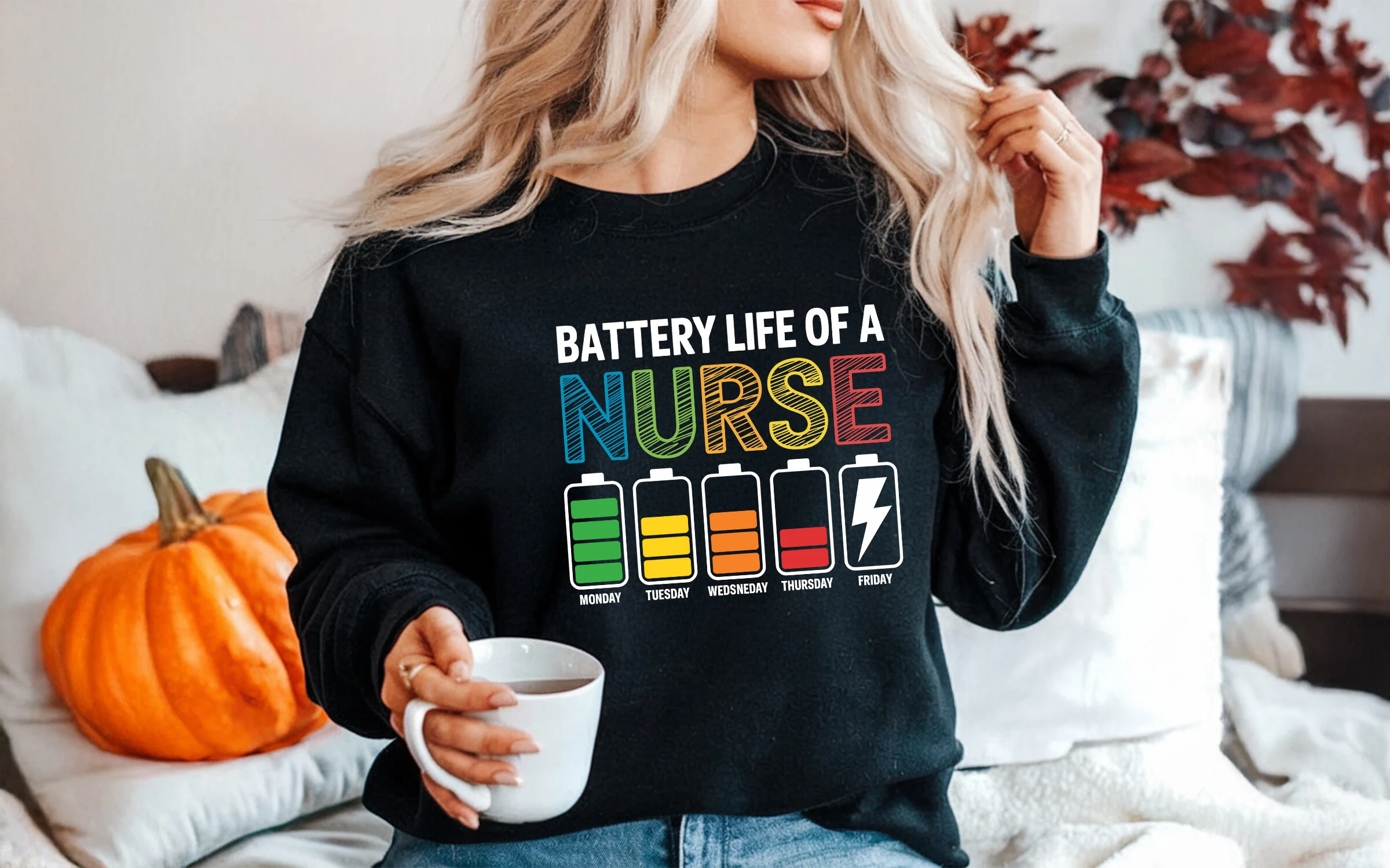 Battery Life of a Nurse T-shirt SVG featuring battery life indicators and lightning bolt