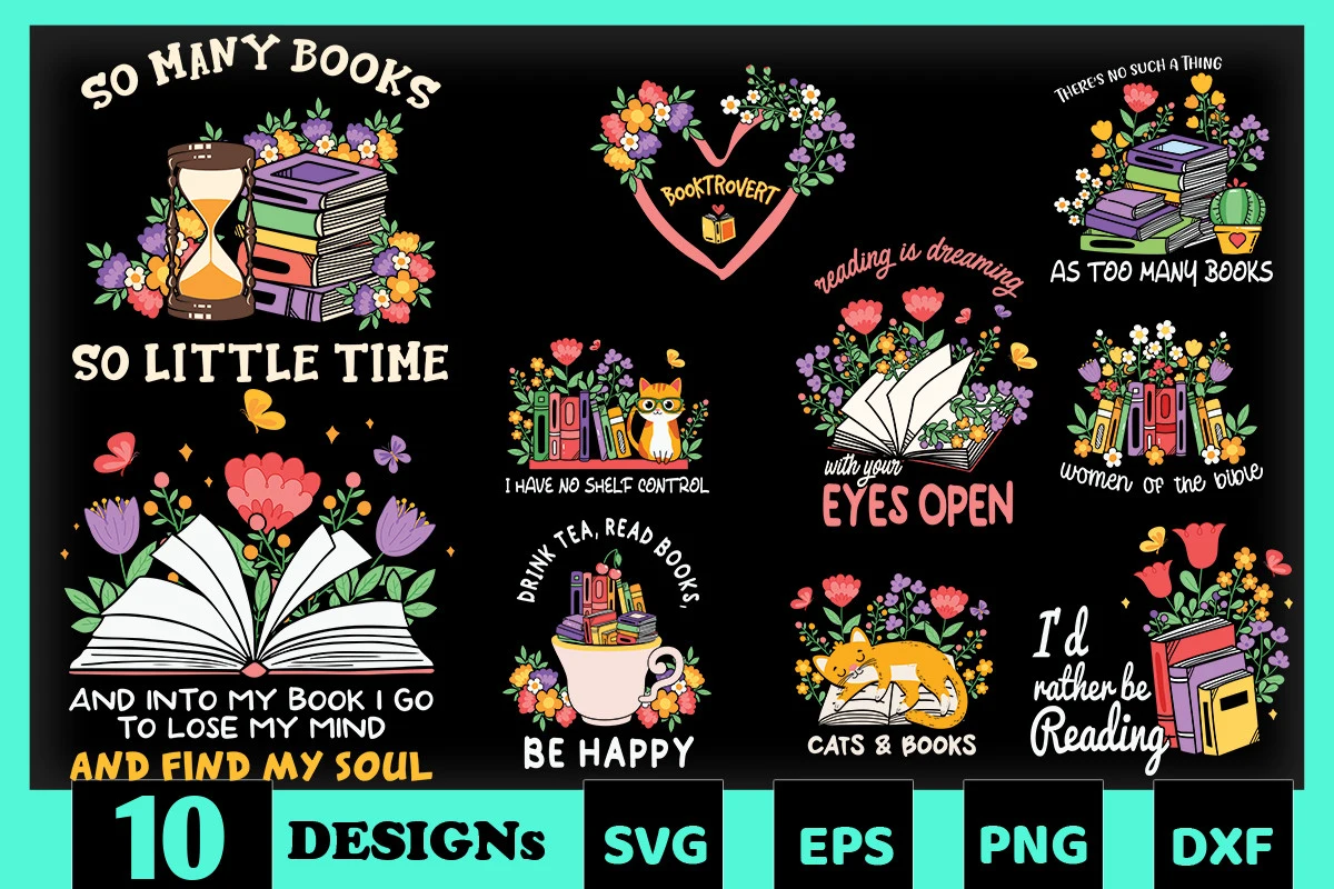 Book Floral Quote SVG Bundle 10 Designs featuring books and flowers