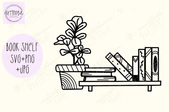 Book Shelf Svg Cut File for Cricut featuring potted plant and bookshelf