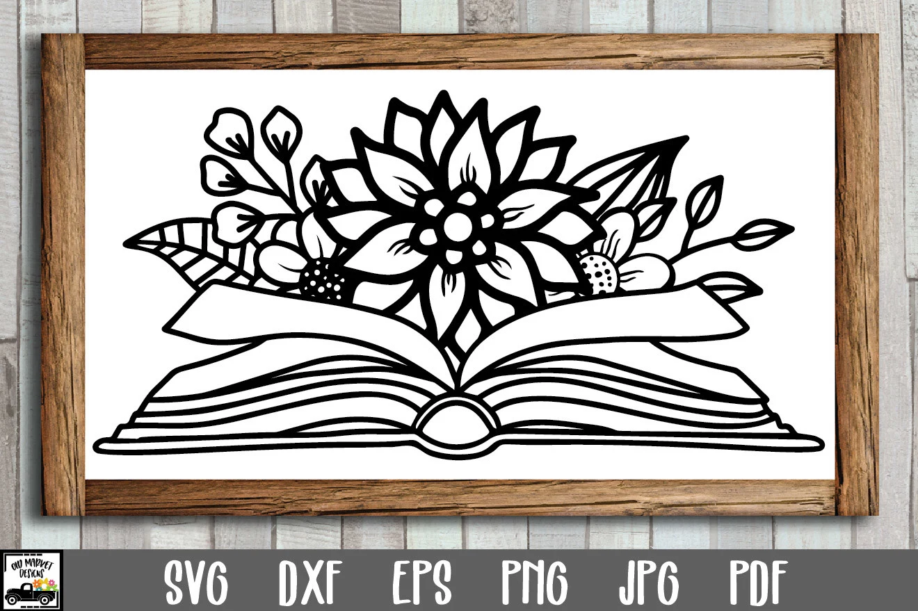 Book with Flowers SVG File featuring open book and flower