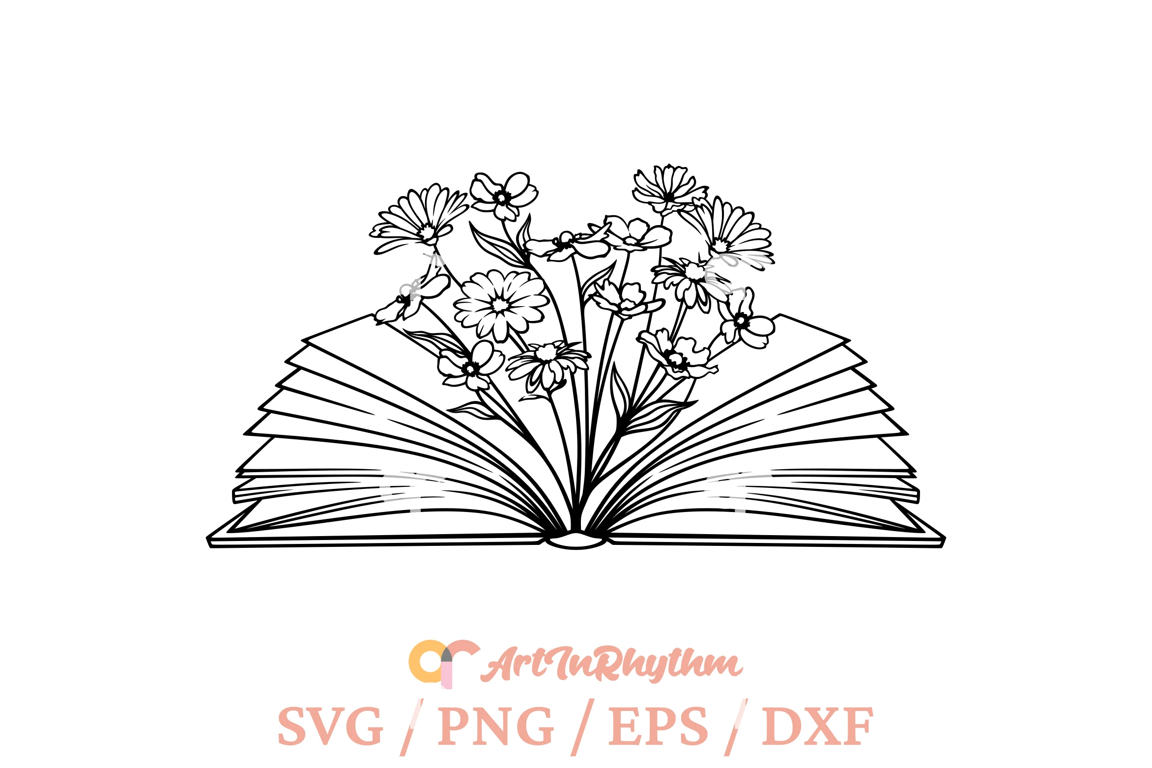 Book with Flowers Svg, Floral Book Svg featuring open book and wildflowers