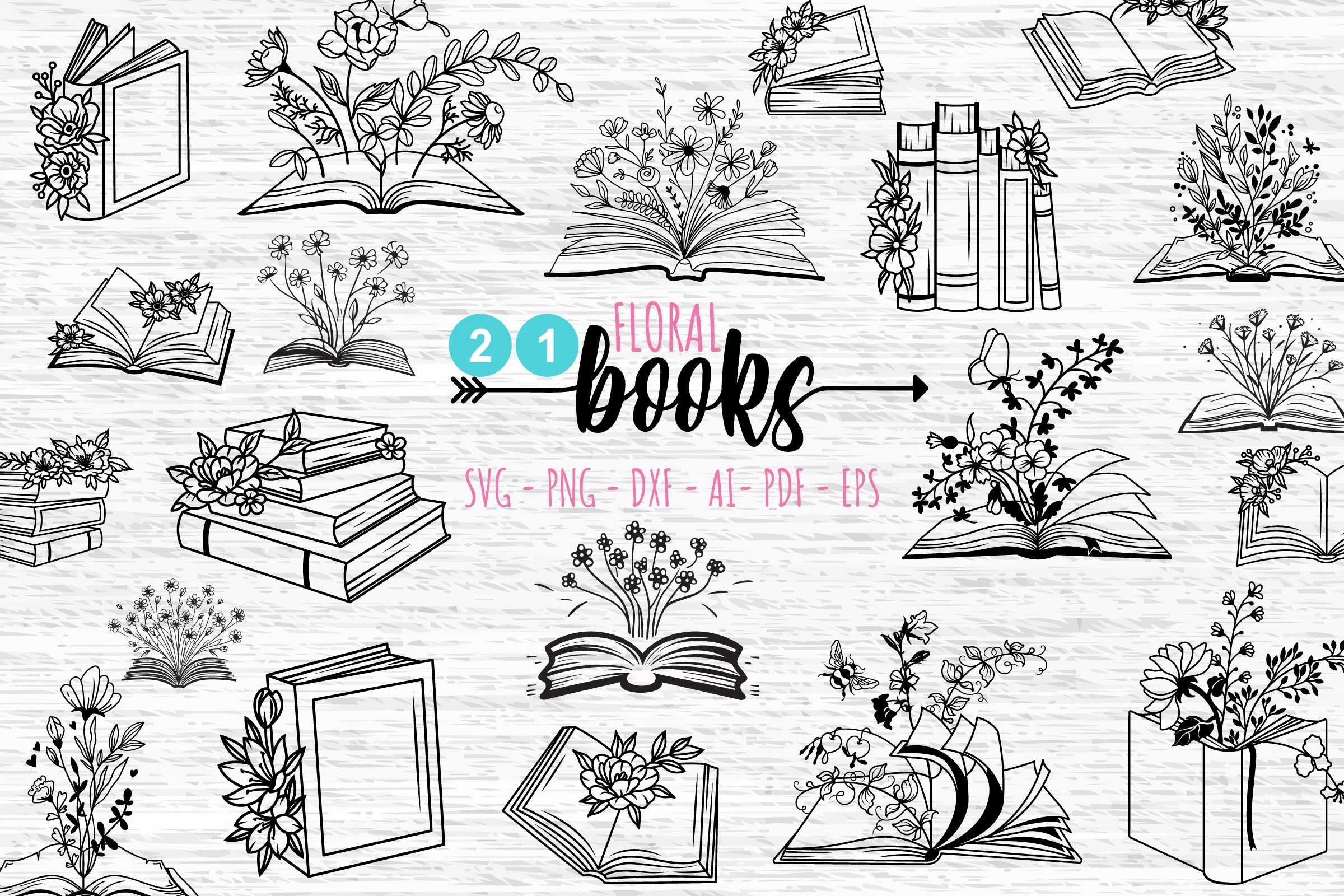 Books & Flowers SVG Bundle, 21 Book SVG featuring books and flowers