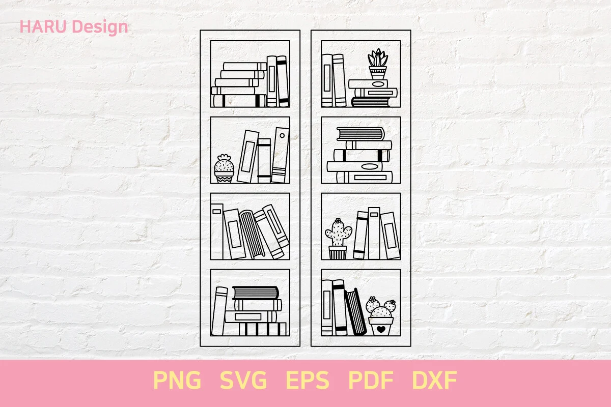 Bookshelf illustration consisting of two vertical stacks of four shelves filled with various books and potted cacti, presented in black line art on a white background.