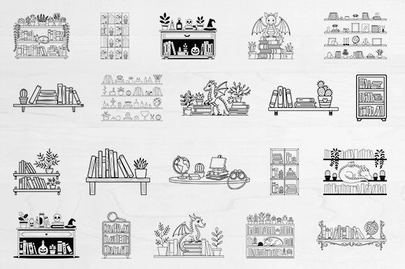 Bookshelf Svg Bundle, Bookcase Svg featuring bookshelves and dragons