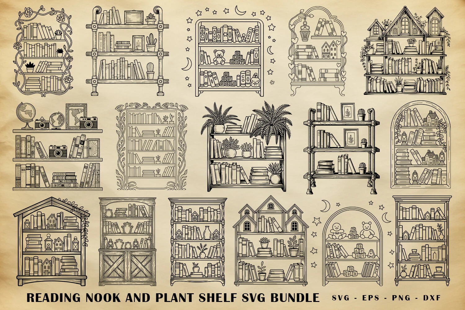 Bookshelf SVG Bundle, Cozy Home Library featuring bookshelves and books