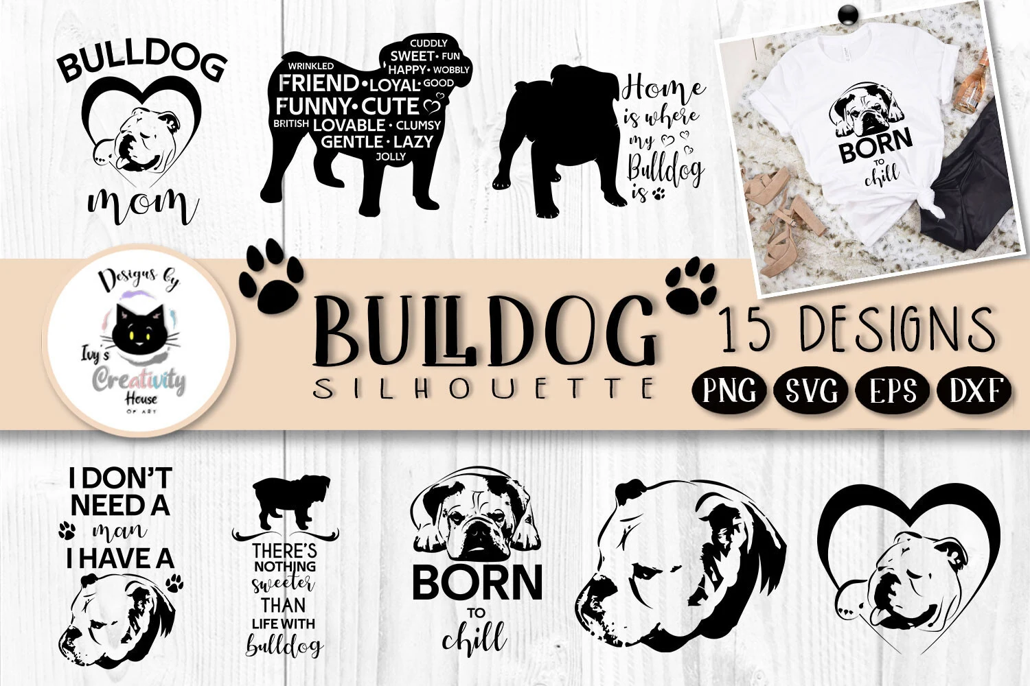 Bulldog Dog Silhouettes | Dog SVG Bundle featuring English Bulldog and paw prints