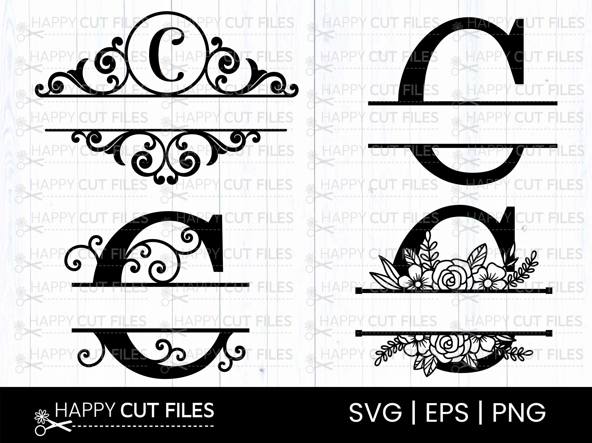 C Alphabet Letter Split Monogram Svg Png featuring letter C and filigree ornaments