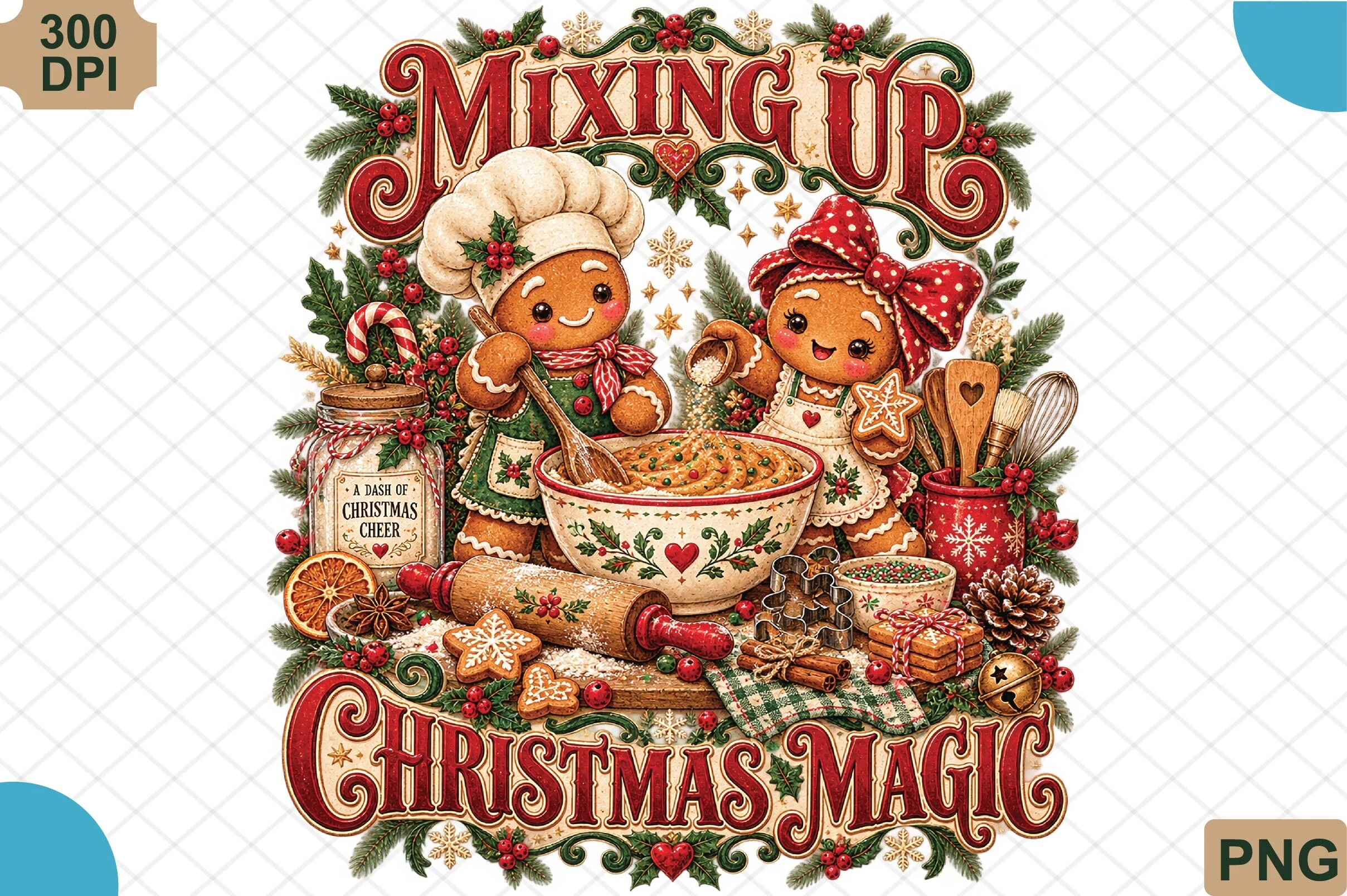 Christmas Baking Magic Gingerbread PNG preview showing Christmas motifs with composition