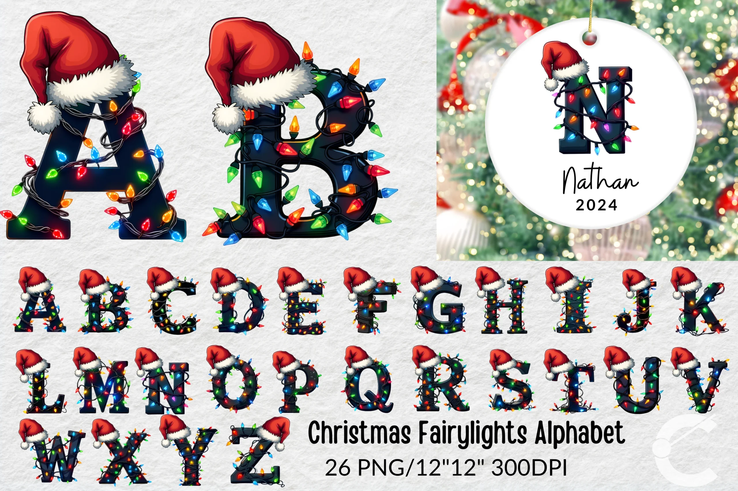 Christmas Fairy Lights Alphabet | PNG preview showing Christmas motifs with composition