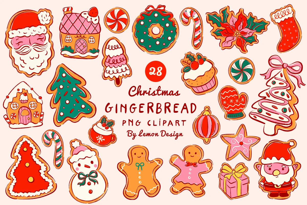 Christmas Gingerbread PNG Clipart Bundle preview showing Christmas motifs with composition