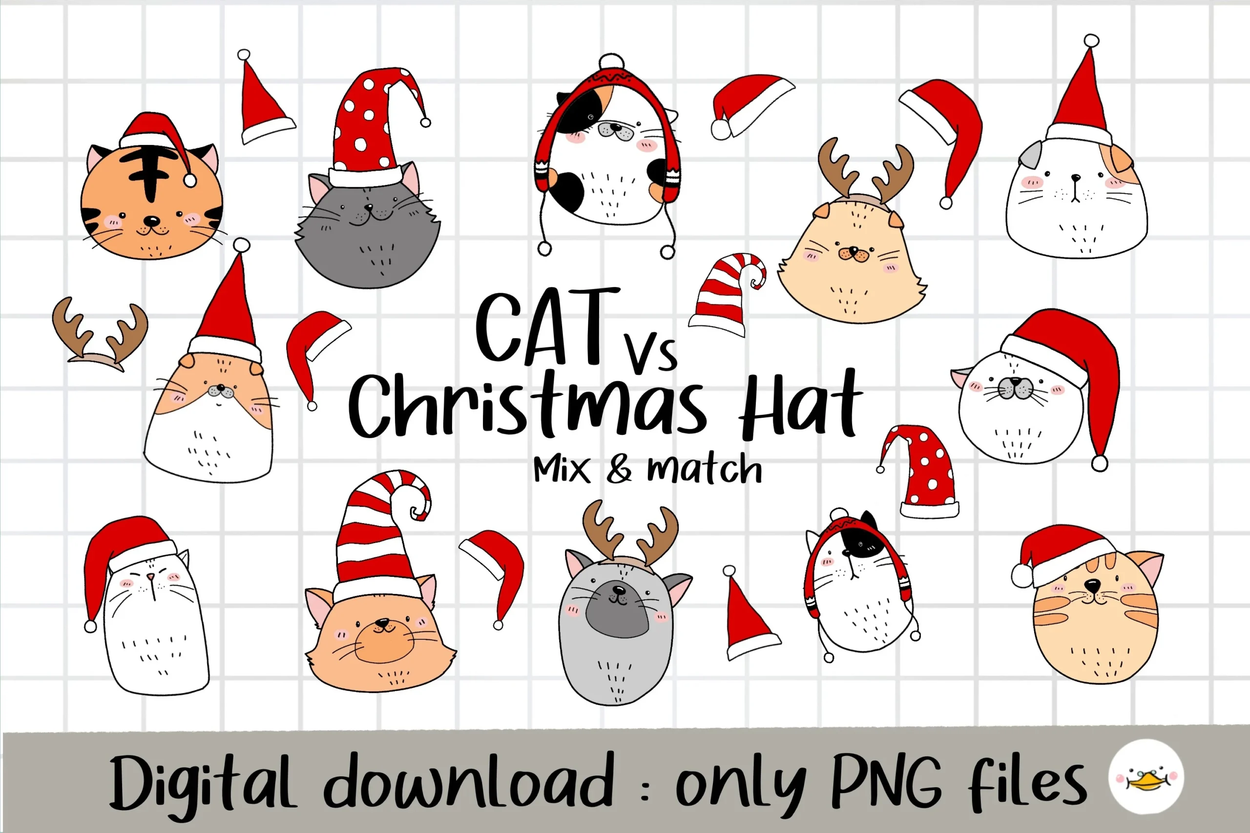 Christmas Hat and Cat Face Clipart preview showing cats with friendly character styling