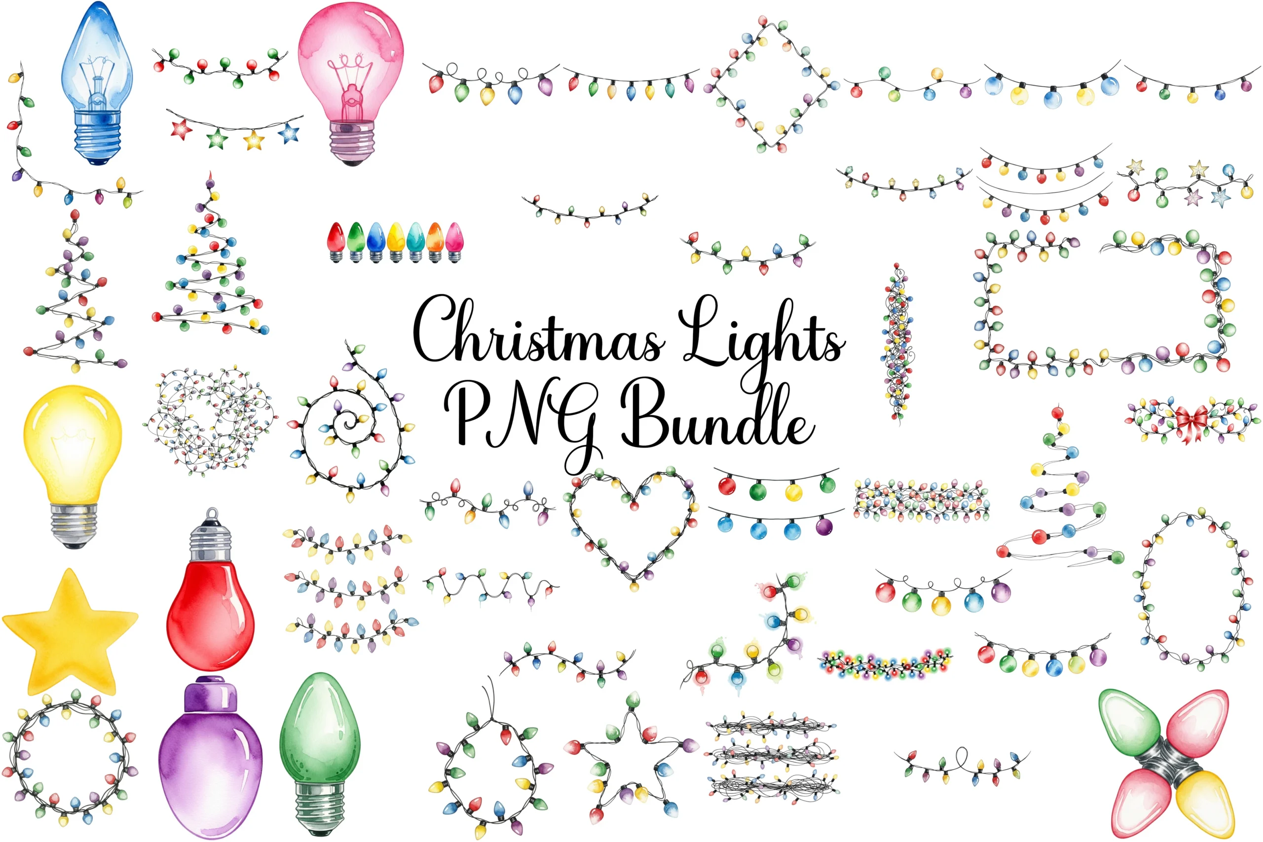 Christmas Lights PNG Bundle preview showing Christmas motifs with composition