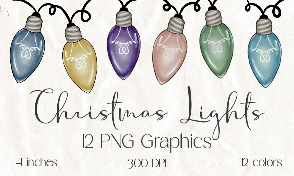 Christmas Lights PNG Graphics 12 Colors preview showing Christmas motifs with friendly character styling
