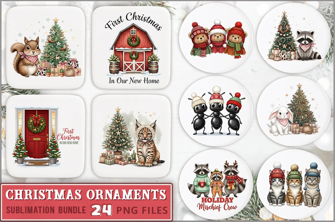 Christmas Ornaments PNG Bundle preview showing Christmas motifs with composition