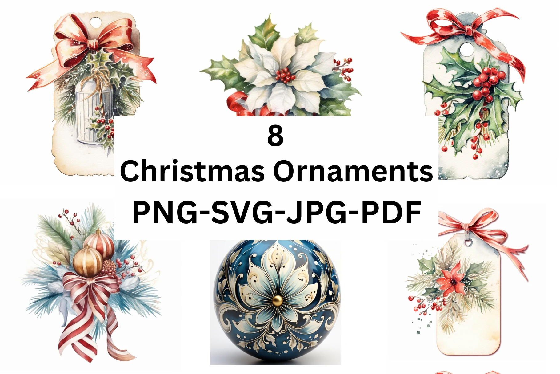 Christmas Ornaments PNG-JPG-SVG-PDF preview showing Christmas motifs with composition