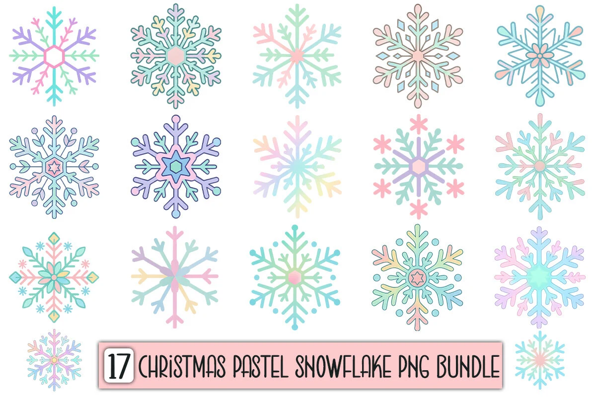 Christmas Pastel Snowflake PNG Bundle preview showing Christmas motifs with composition