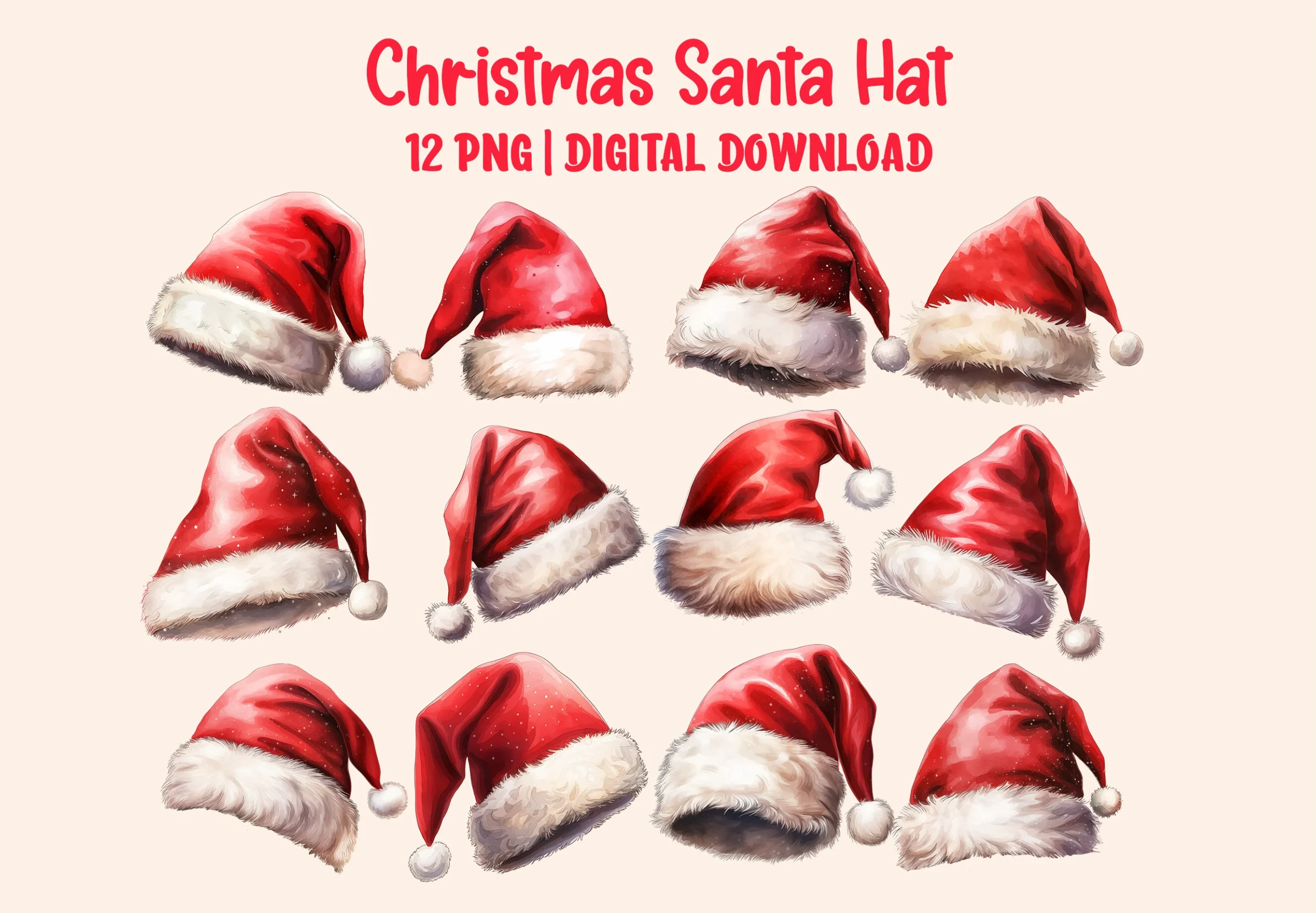 Christmas Santa Hat Watercolor Png preview showing Christmas motifs with soft watercolor texture