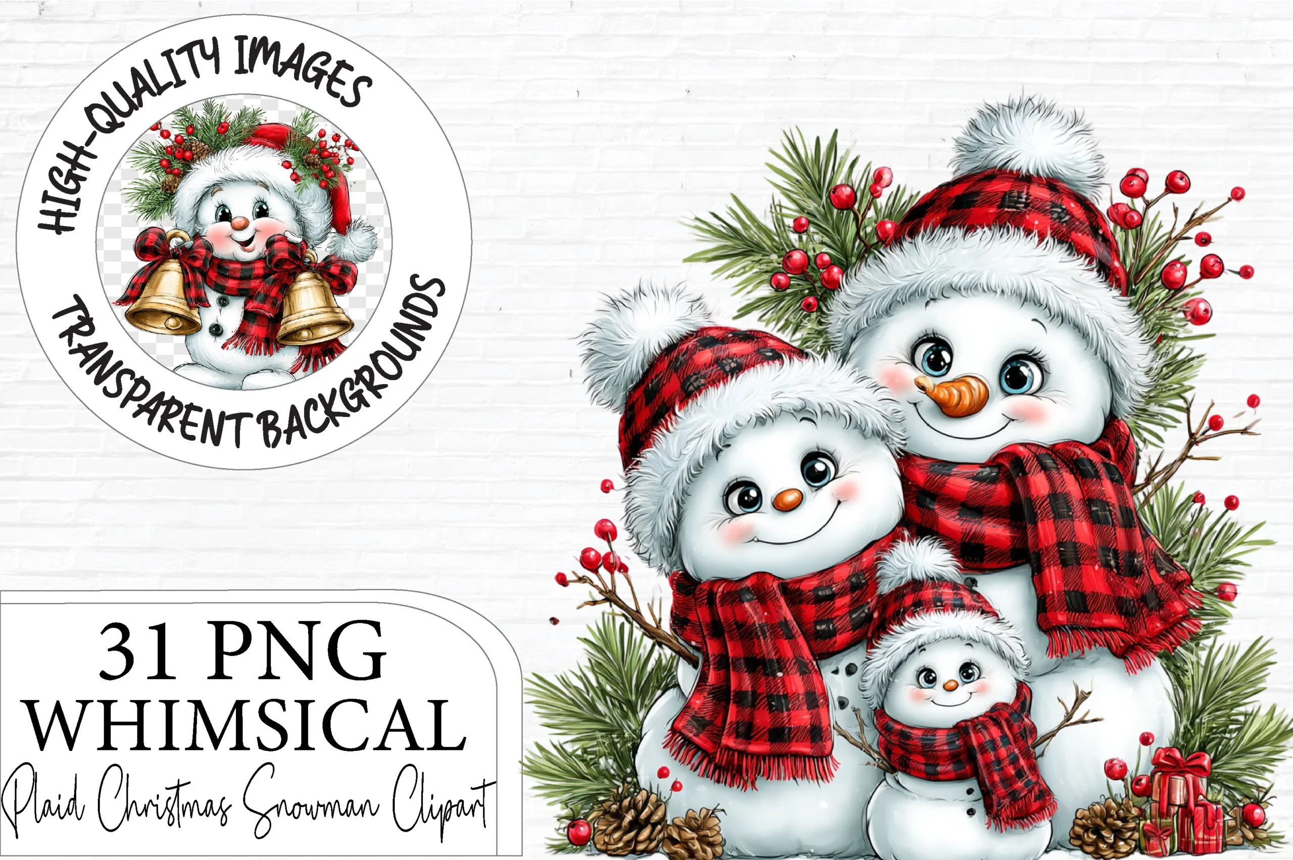 Christmas Snowman PNG Clipart Bundle preview showing Christmas motifs with composition