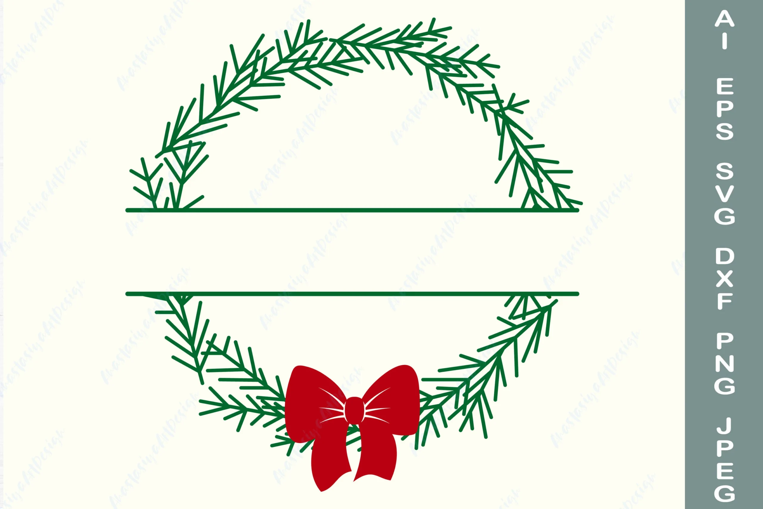 Christmas Split Monogram Svg Pine Branch featuring wreath and bow