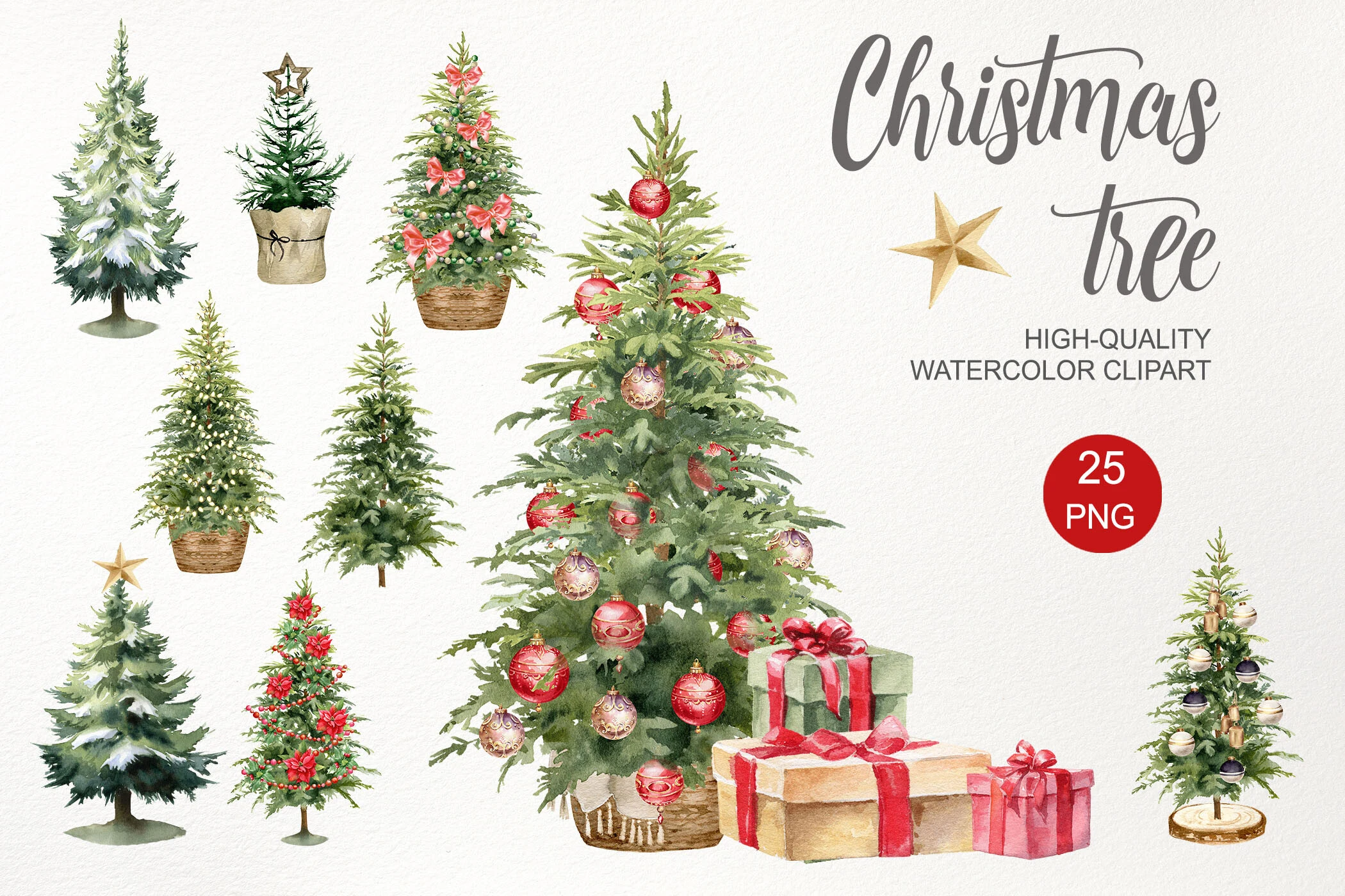 Christmas Tree PNG. Watercolor Clipart preview showing Christmas motifs with soft watercolor texture
