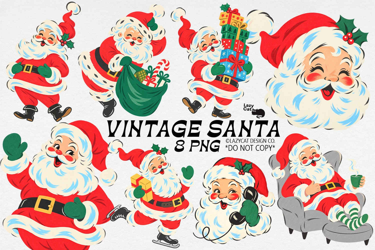 Christmas Vintage Santa PNG Bundle preview showing Christmas motifs with period-inspired styling