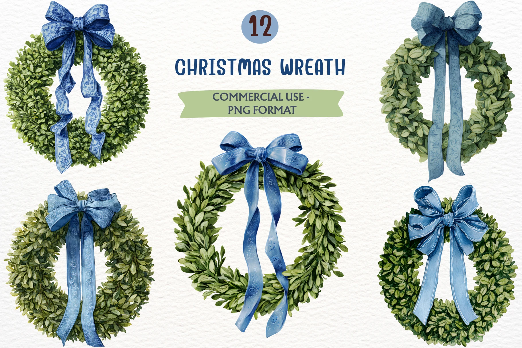Christmas Wreath PNG Blue Bow Clipart preview showing Christmas motifs with composition