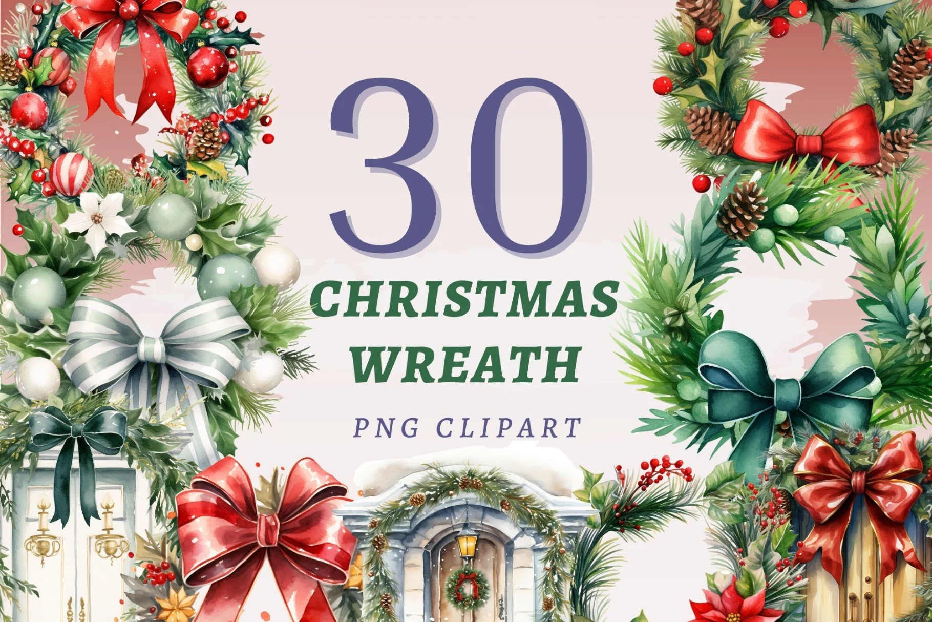 Christmas Wreath PNG Bundle preview showing Christmas motifs with composition