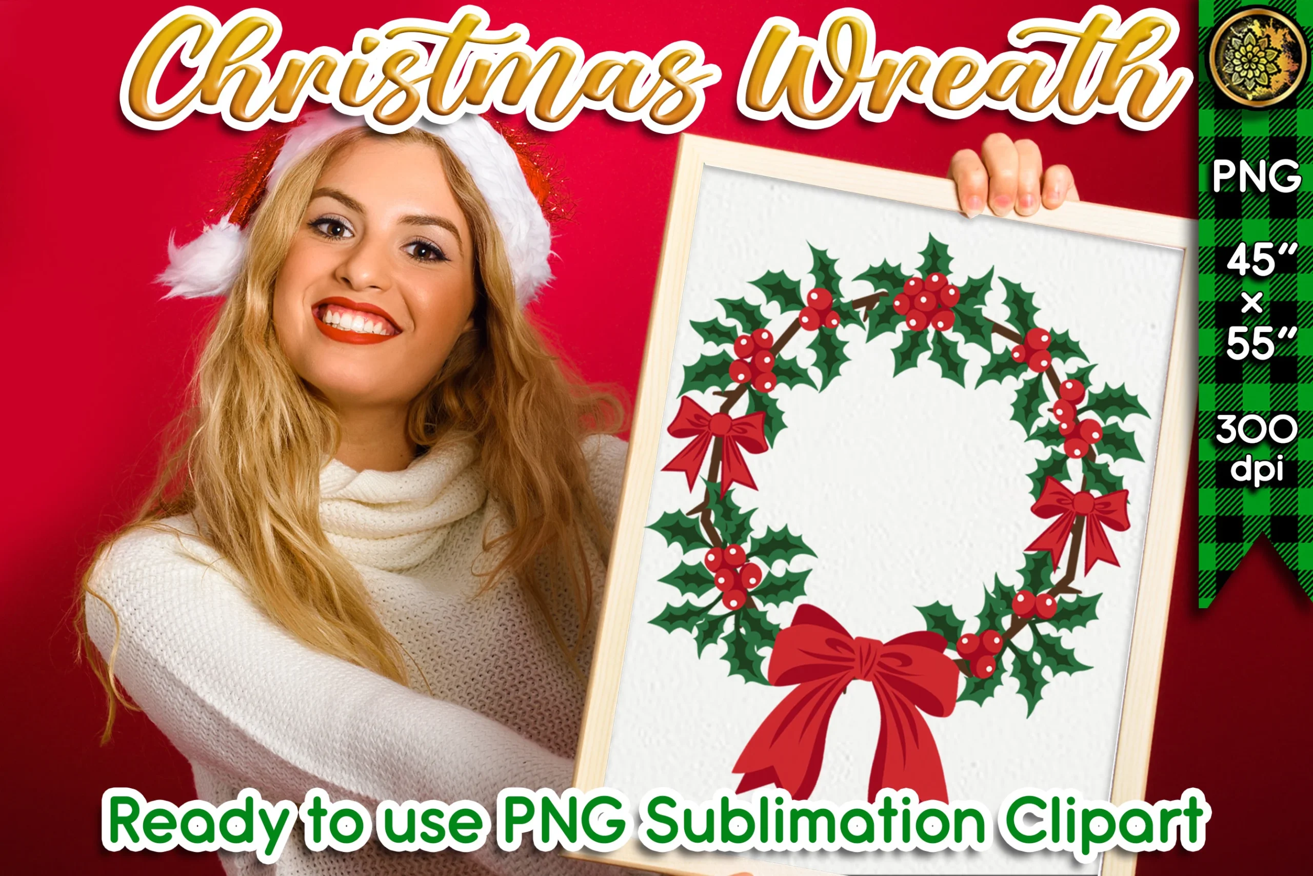 Christmas Wreath PNG Sublimation Clipart preview showing Christmas motifs with layered depth