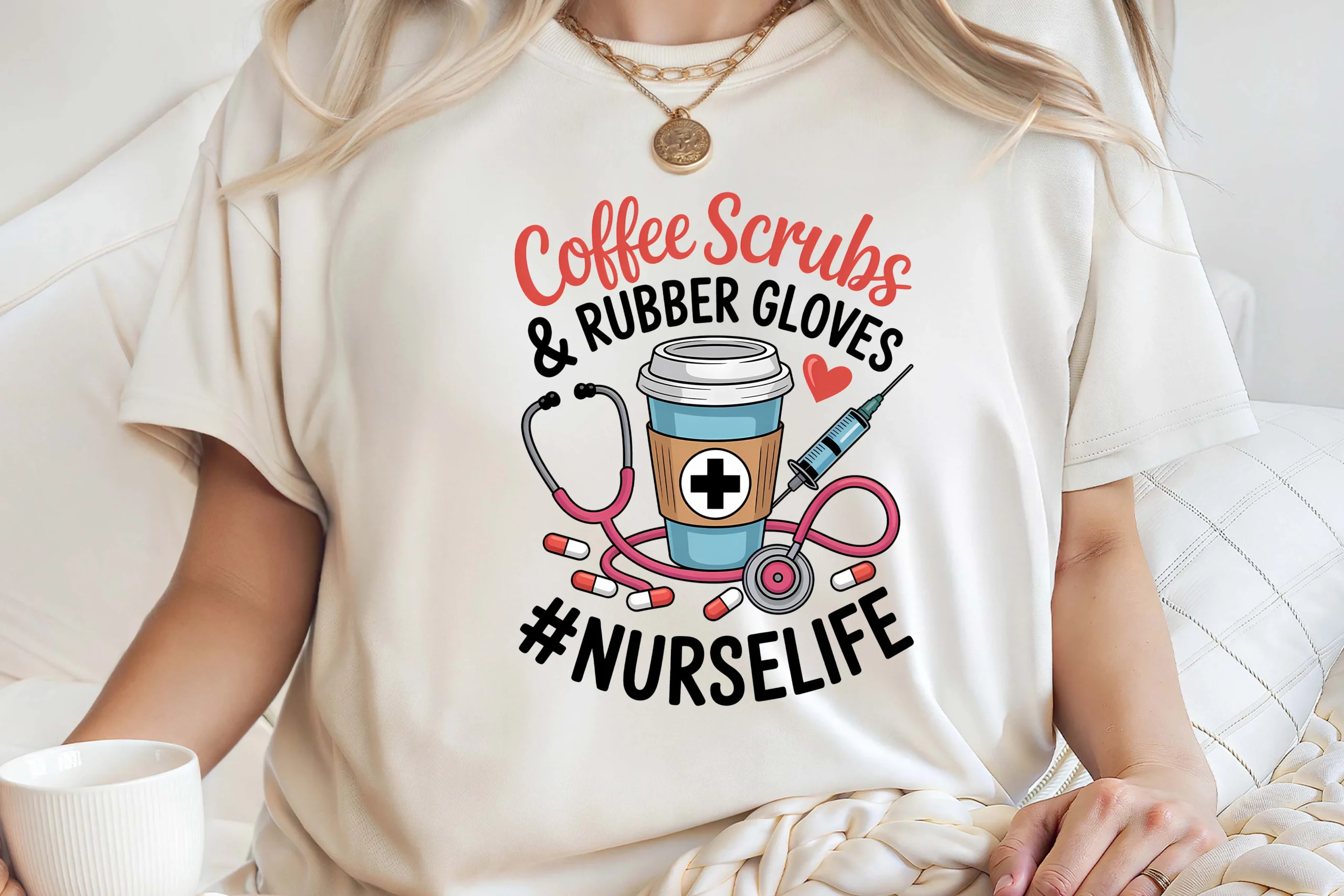 Coffee Scrubs & Rubber Gloves Nurselife featuring coffee cup and stethoscope