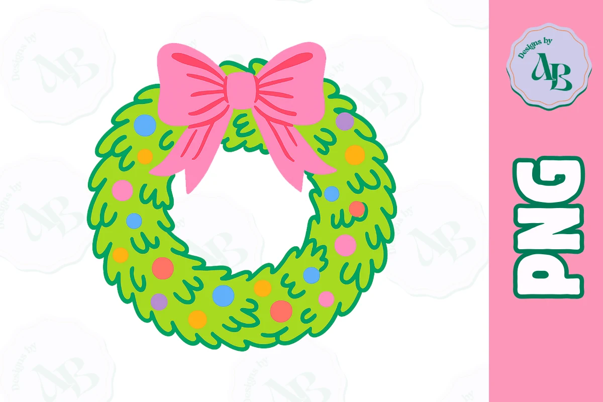 Colorful Girly Christmas Wreath PNG preview showing Christmas motifs with composition