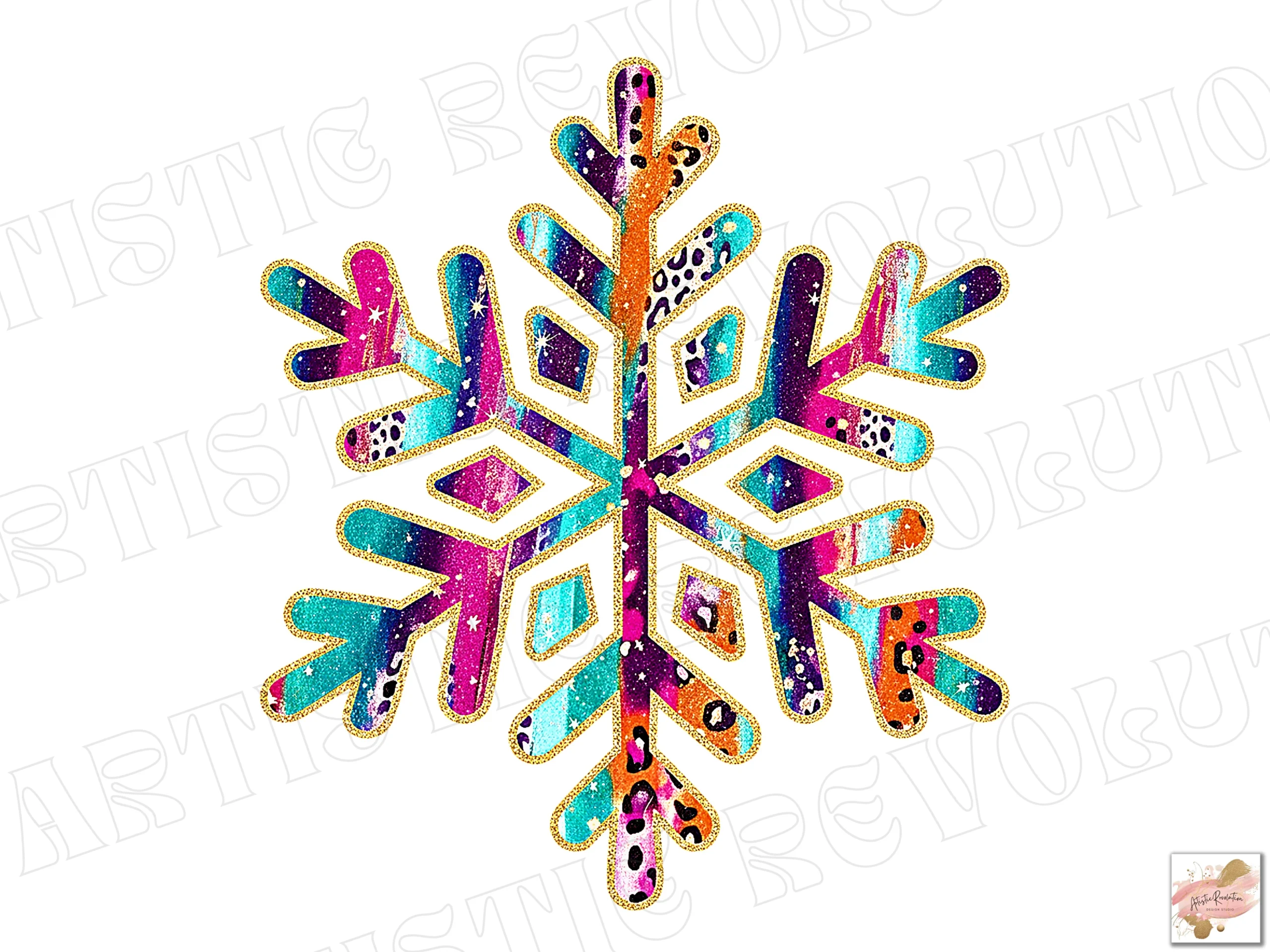 Colorful Glitter Christmas Snowflake PNG preview showing Christmas motifs with composition