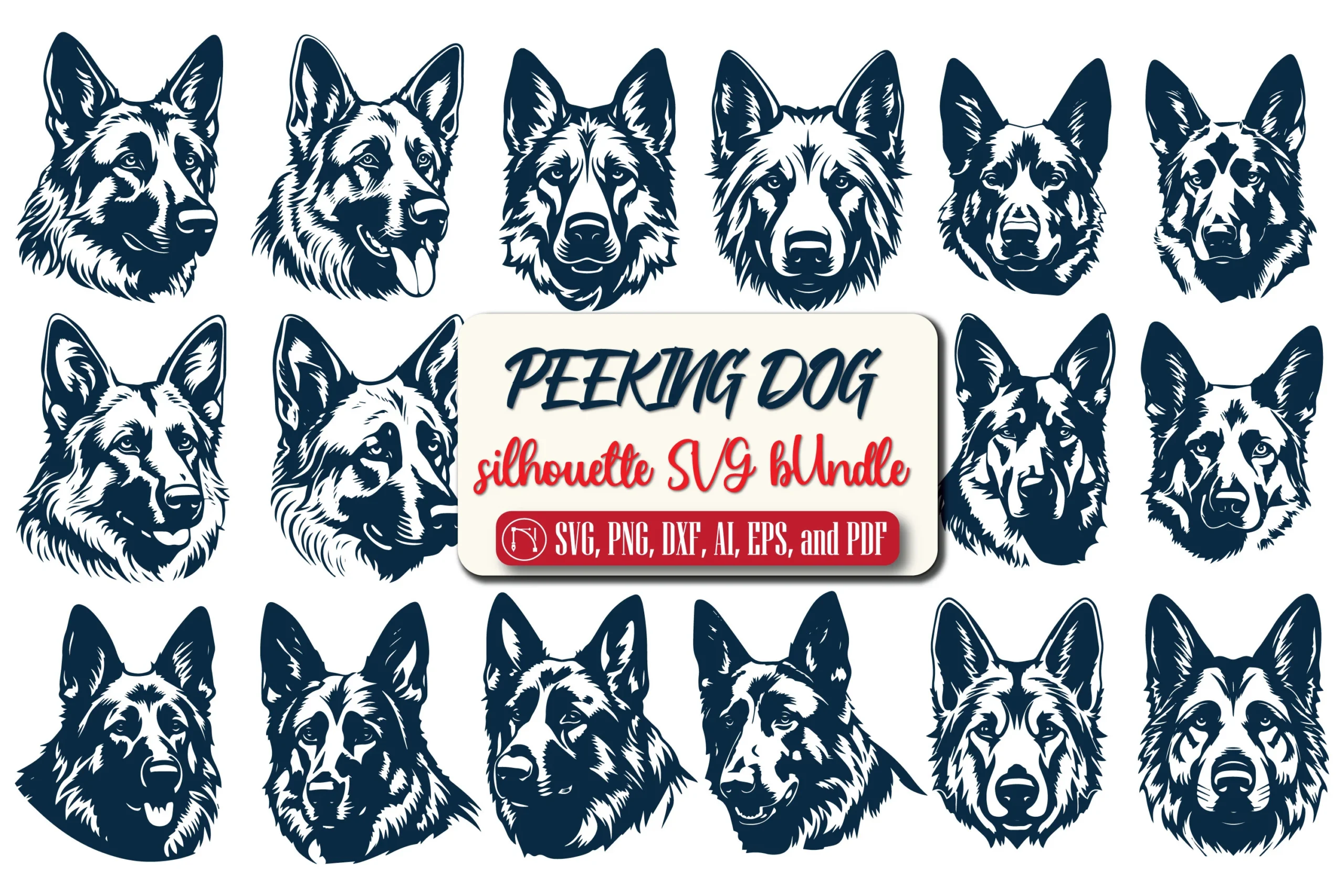 Cricut PEEKING DOG Silhouette SVG Bundle featuring German Shepherd dogs and portrait orientation